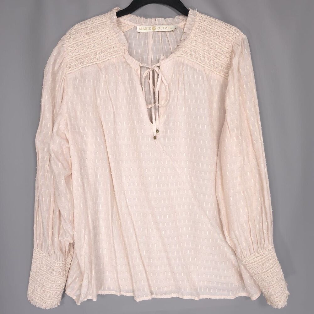 MARIE OLIVER Peasant Top LARGE Blouse SILK Blend Light Pink Off White Tie Neck